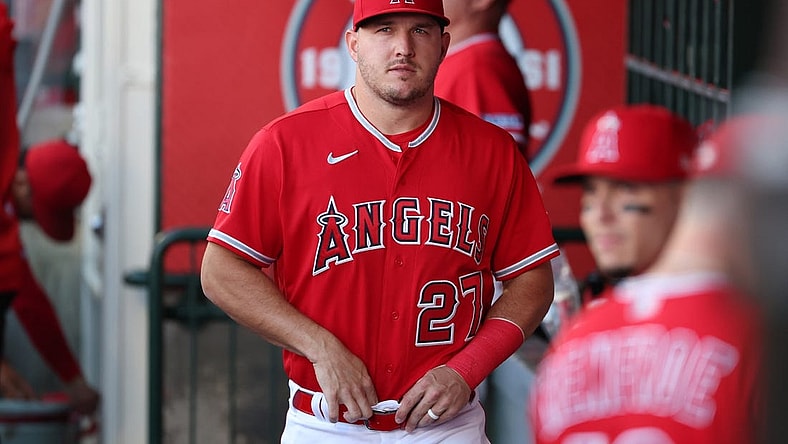 Aug 22, 2023; Anaheim, California, USA;  Los Angeles Angels center fielder Mike Trout (27) in the dugout before the game against the Cincinnati Reds at Angel Stadium. Mandatory Credit: Kiyoshi Mio-USA TODAY Sports