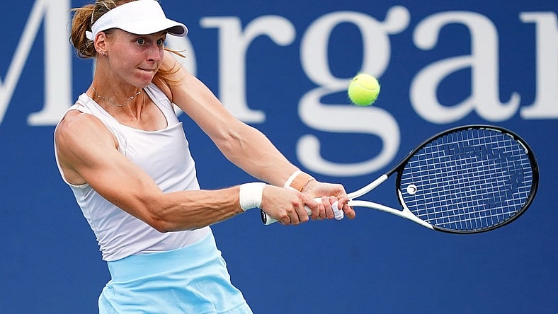 Aug 29, 2023; Flushing, NY, USA;  Liudmila Samsonova hits a shot against Claire Liu of the United States on day two of the 2023 U.S. Open tennis tournament at the USTA Billie Jean King National Tennis Center. Mandatory Credit: Jerry Lai-USA TODAY Sports
