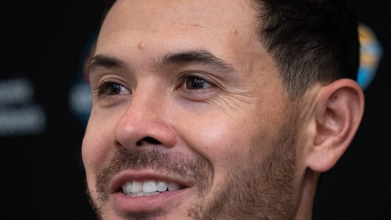 Kyle Larson (2021 NASCAR Cup Series Champion, driver of the No. 5 Hendrick Motorsports Chevrolet) answers questions, August 29, 2023, during a news conference at Arizona Biltmore, Phoenix, Arizona.