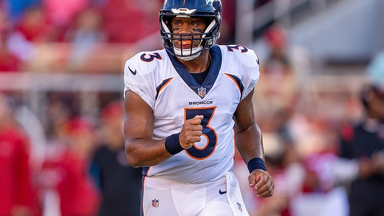 August 19, 2023; Santa Clara, California, USA; Denver Broncos quarterback Russell Wilson (3) during the first quarter against the San Francisco 49ers at Levi's Stadium. Mandatory Credit: Kyle Terada-USA TODAY Sports