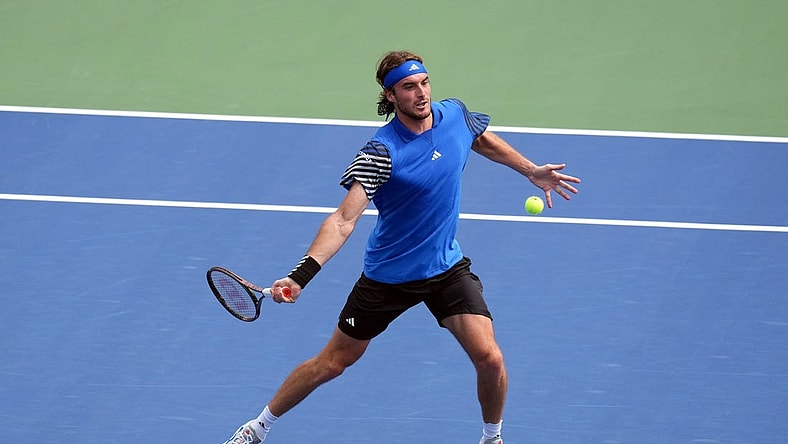 Aug 30, 2023; Flushing, NY, USA; Stefanos Tsitsipas of Greece hits to Dominic Stricker of Switzerland on day three of the 2023 U.S. Open tennis tournament at USTA Billie Jean King National Tennis Center. Mandatory Credit: Danielle Parhizkaran-USA TODAY Sports