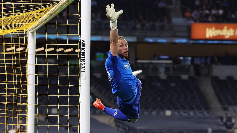 Aug 30, 2023; New York, New York, USA; CF Montreal goalkeeper Jonathan Sirois (40) warms up prior to the game at Yankee Stadium. Mandatory Credit: Vincent Carchietta-USA TODAY Sports