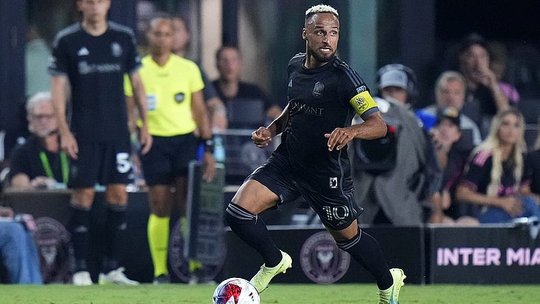 Aug 30, 2023; Fort Lauderdale, Florida, USA; Nashville SC midfielder Hany Mukhtar (10) kick the ball past Inter Miami during the second half at DRV PNK Stadium. Mandatory Credit: Rich Storry-USA TODAY Sports