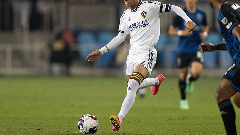 Aug 30, 2023; San Jose, California, USA;  Los Angeles Galaxy midfielder Riqui Puig (6) controls the ball during the second half against the San Jose Earthquakes at PayPal Park. Mandatory Credit: Stan Szeto-USA TODAY Sports