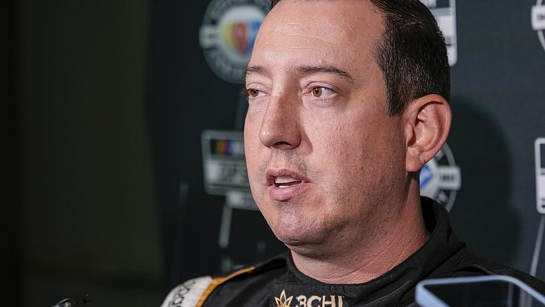 Aug 31, 2023; Charlotte, North Carolina, USA; Kyle Busch answers questions from the media at Charlotte Convention Center. Mandatory Credit: Jim Dedmon-USA TODAY Sports