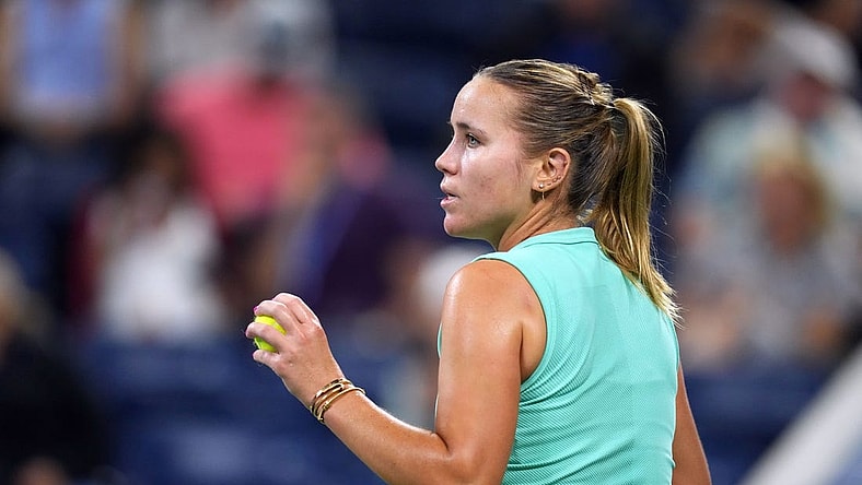 Aug 31, 2023; Flushing, NY, USA; Sofia Kenin of the United States wins a point against Daria Kasatkina on day four of the 2023 U.S. Open tennis tournament at USTA Billie Jean King National Tennis Center. Mandatory Credit: Danielle Parhizkaran-USA TODAY Sports
