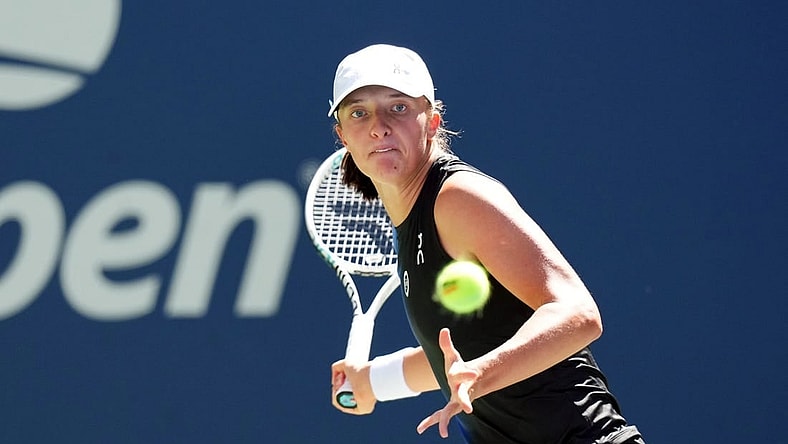 Sep 1, 2023; Flushing, NY, USA; Iga Swiatek of Poland hits to Kaja Juvan of Slovenia on day five of the 2023 U.S. Open tennis tournament at USTA Billie Jean King National Tennis Center. Mandatory Credit: Danielle Parhizkaran-USA TODAY Sports