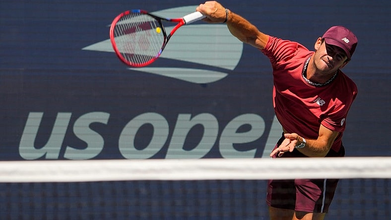 Sept 1, 2023; Flushing, NY, USA; Tommy Paul of the USA hits to Alejandro Davidovich Fokina of Spain on day five of the 2023 U.S. Open tennis tournament at USTA Billie Jean King National Tennis Center. Mandatory Credit: Robert Deutsch-USA TODAY Sports