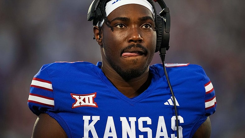 Sep 1, 2023; Lawrence, Kansas, USA; Kansas Jayhawks quarterback Jalon Daniels (6) during a timeout in the first half against the Missouri State Bears at David Booth Kansas Memorial Stadium. Mandatory Credit: Jay Biggerstaff-USA TODAY Sports