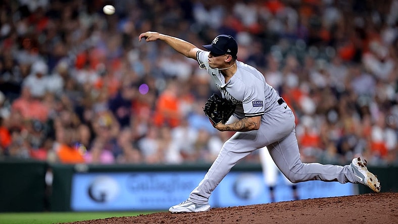 Sep 1, 2023; Houston, Texas, USA; New York Yankees relief pitcher Jonathan Loaisiga (43) delivers a pitch against the Houston Astros during the ninth inning at Minute Maid Park. Mandatory Credit: Erik Williams-USA TODAY Sports