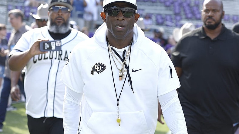 Sep 2, 2023; Fort Worth, Texas, USA; Colorado Buffaloes head coach Deon Sanders walks on the field before the game against the TCU Horned Frogs at Amon G. Carter Stadium. Mandatory Credit: Tim Heitman-USA TODAY Sports