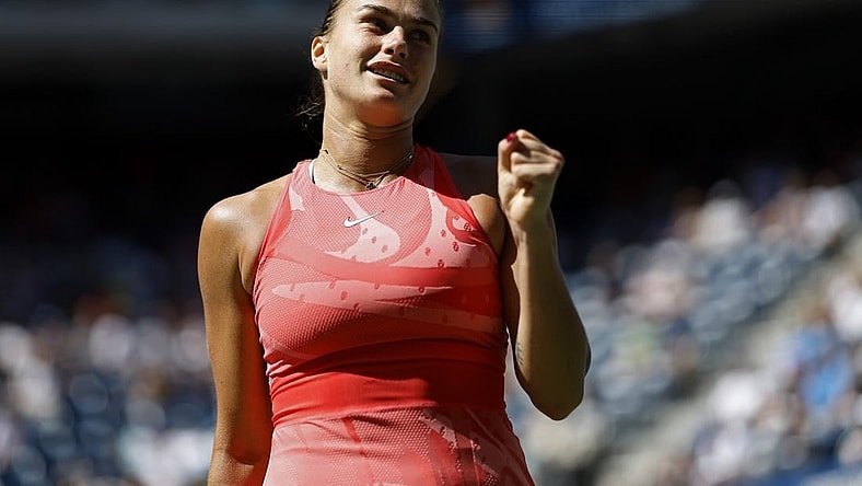 Sep 2, 2023; Flushing, NY, USA; Aryna Sabalenka reacts after winning a point against Clara Burel of France (not pictured) on day six of the 2023 U.S. Open tennis tournament at USTA Billie Jean King National Tennis Center. Mandatory Credit: Geoff Burke-USA TODAY Sports