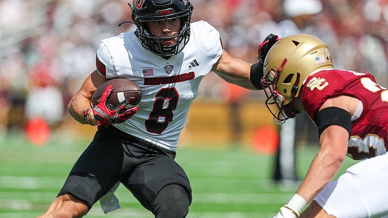 Sep 2, 2023; Chestnut Hill, Massachusetts, USA; Northern Illinois Huskies receiver Kacper Rutkiewicz (8) runs the ball during the first half against the Boston College Eagles at Alumni Stadium. Mandatory Credit: Paul Rutherford-USA TODAY Sports
