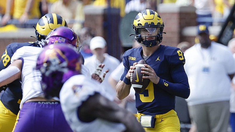 Sep 2, 2023; Ann Arbor, Michigan, USA; Michigan Wolverines quarterback J.J. McCarthy (9) passes in the first half against the East Carolina Pirates at Michigan Stadium. Mandatory Credit: Rick Osentoski-USA TODAY Sports