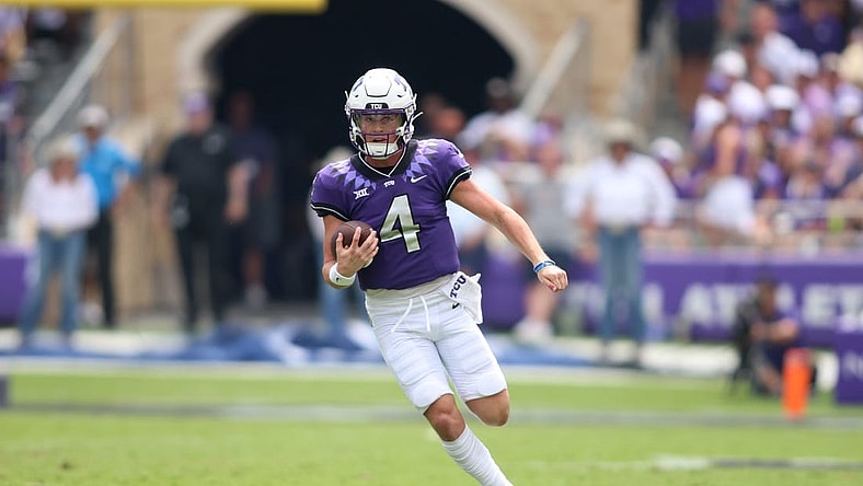 Sep 2, 2023; Fort Worth, Texas, USA; TCU Horned Frogs quarterback Chandler Morris (4) runs the ball in the second quarter against the Colorado Buffaloes  at Amon G. Carter Stadium. Mandatory Credit: Tim Heitman-USA TODAY Sports
