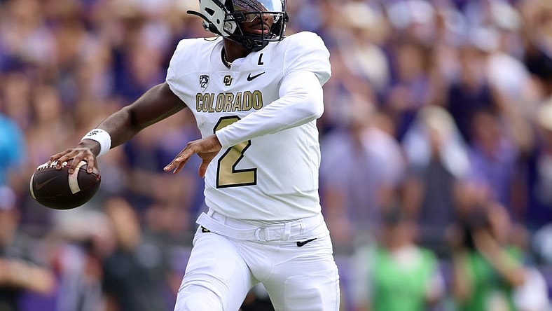 Sep 2, 2023; Fort Worth, Texas, USA; Colorado Buffaloes quarterback Shedeur Sanders (2) rolls out to pass in the second quarter against the TCU Horned Frogs at Amon G. Carter Stadium. Mandatory Credit: Tim Heitman-USA TODAY Sports