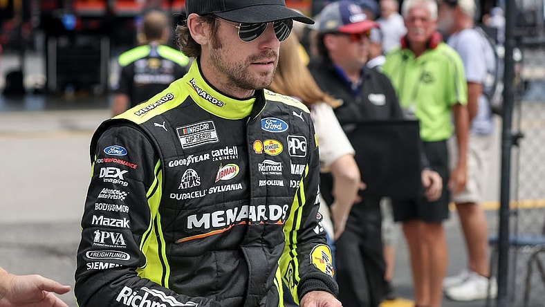 Sep 2, 2023; Darlington, South Carolina, USA; NASCAR Cup Series driver Ryan Blaney (12) on pit road during NASCAR Cup practice and qualifying at Darlington Raceway. Mandatory Credit: David Yeazell-USA TODAY Sports