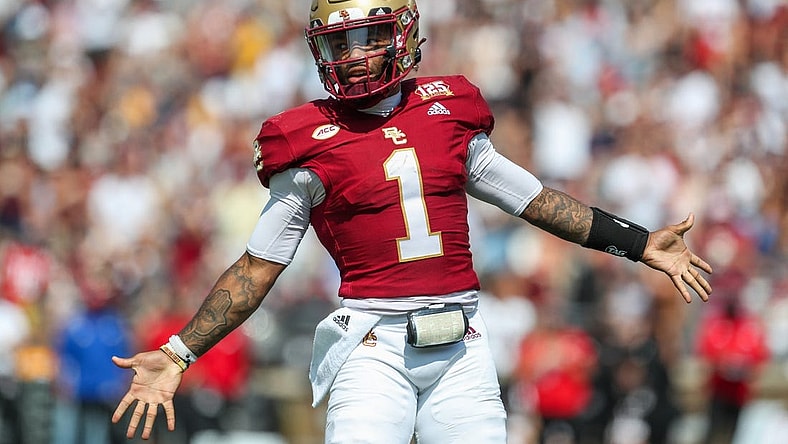 Sep 2, 2023; Chestnut Hill, Massachusetts, USA; Boston College Eagles quarterback Thomas Castellanos (1) celebrates after a touchdown during the second half against the Northern Illinois Huskies at Alumni Stadium. Mandatory Credit: Paul Rutherford-USA TODAY Sports