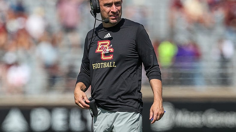 Sep 2, 2023; Chestnut Hill, Massachusetts, USA; Boston College Easgles head coach Jeff Hafley reacts during the second half against the Northern Illinois Huskies at Alumni Stadium. Mandatory Credit: Paul Rutherford-USA TODAY Sports