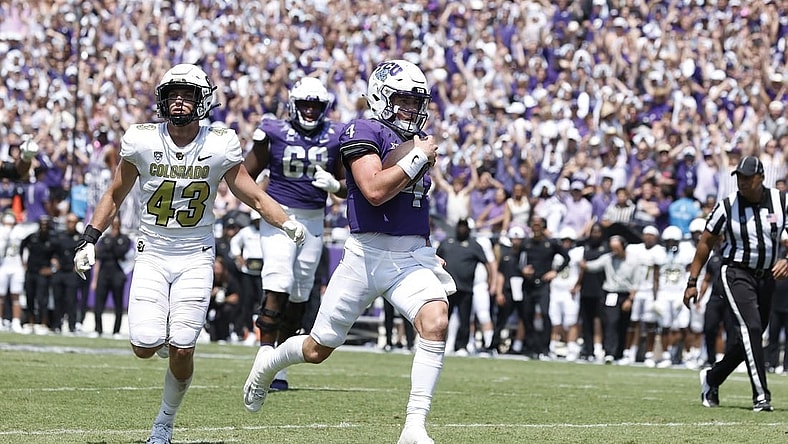 Sep 2, 2023; Fort Worth, Texas, USA; TCU Horned Frogs quarterback Chandler Morris (4) scores a touchdown in the fourth quarter against the Colorado Buffaloes at Amon G. Carter Stadium. Mandatory Credit: Tim Heitman-USA TODAY Sports
