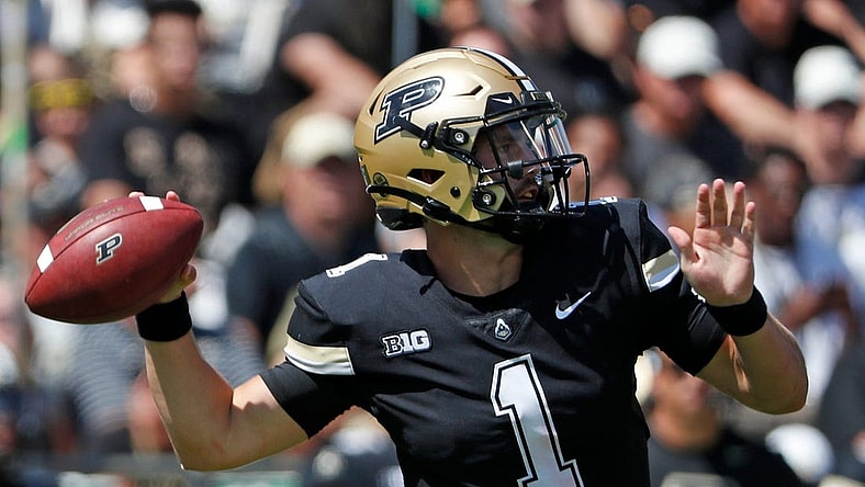 Purdue Boilermakers quarterback Hudson Card (1) throws the ball during the NCAA football game against the Fresno State Bulldogs, Saturday, Sept. 2, 2023, at Ross-Ade Stadium in West Lafayette, Ind. Fresno State Bulldogs won 39-35.