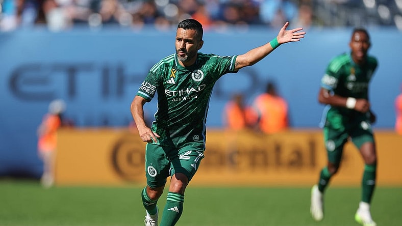 Sep 2, 2023; New York, New York, USA; New York City FC midfielder Maxi Moralez (27) runs up field against the Vancouver Whitecaps during the first half at Yankee Stadium. Mandatory Credit: Vincent Carchietta-USA TODAY Sports