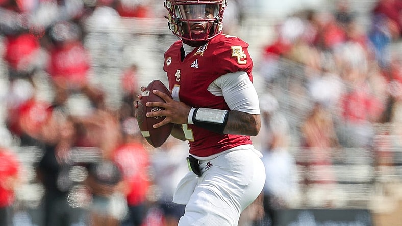 Sep 2, 2023; Chestnut Hill, Massachusetts, USA; Boston College Eagles quarterback Thomas Castellanos (1) reacts during the second half against the Northern Illinois Huskies at Alumni Stadium. Mandatory Credit: Paul Rutherford-USA TODAY Sports