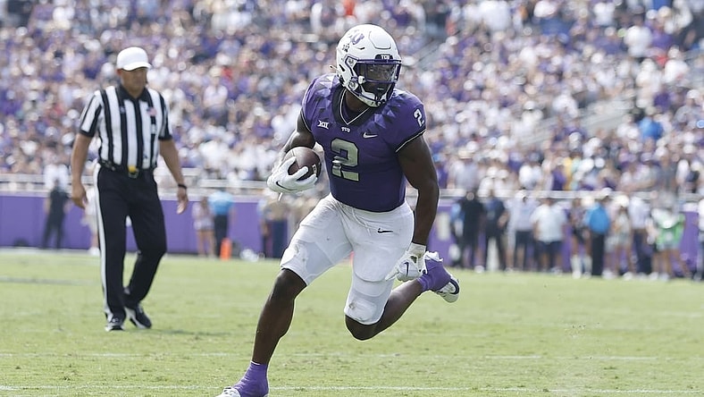 Sep 2, 2023; Fort Worth, Texas, USA; TCU Horned Frogs running back Trey Sanders (2) scores a touchdown in the game against the Colorado Buffaloes at Amon G. Carter Stadium. Mandatory Credit: Tim Heitman-USA TODAY Sports