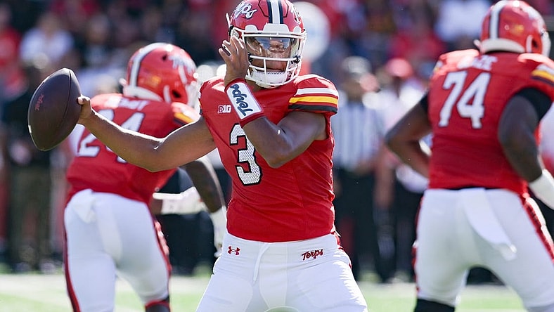 Sep 2, 2023; College Park, Maryland, USA;  Maryland Terrapins quarterback Taulia Tagovailoa (3) looks to throw as the action reflects off his visor during the first half against the Towson Tigers  at SECU Stadium. Mandatory Credit: Tommy Gilligan-USA TODAY Sports
