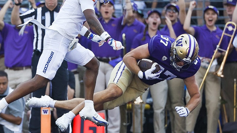 Sep 2, 2023; Seattle, Washington, USA; Washington Huskies tight end Jack Westover (37) dives into the end zone for a touchdown against the Boise State Broncos during the second quarter at Alaska Airlines Field at Husky Stadium. Mandatory Credit: Joe Nicholson-USA TODAY Sports