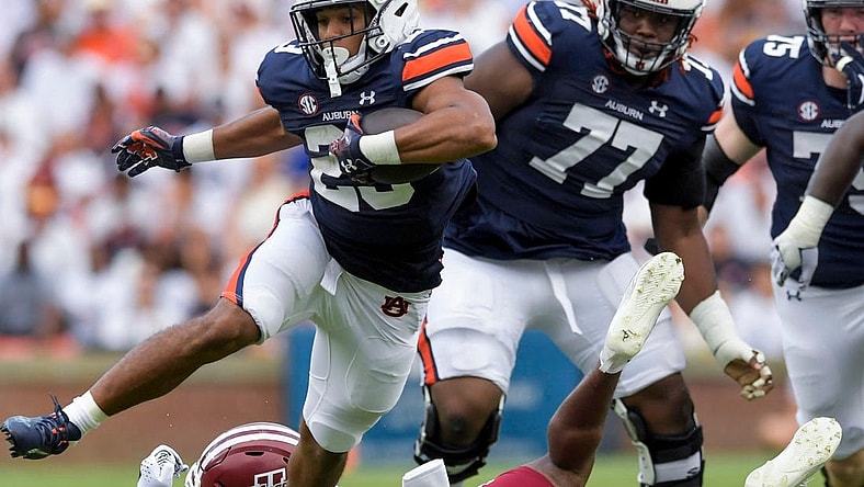 Auburn Tigers running back Jeremiah Cobb (23) breaks free for a long touchdown run against UMass during their game at Jordan-Hare Stadium on the Auburn University campus in Auburn, Ala., on Saturday September 2, 2023.