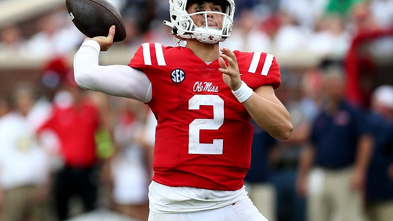 Sep 2, 2023; Oxford, Mississippi, USA; Mississippi Rebels quarterback Jaxson Dart (2) passes the ball during the first half against the Mercer Bears at Vaught-Hemingway Stadium. Mandatory Credit: Petre Thomas-USA TODAY Sports