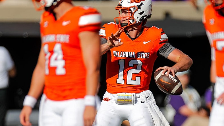 Sep 2, 2023; Stillwater, Oklahoma, USA; Oklahoma State's Gunnar Gundy (12) warms up before an NCAA football game between Oklahoma State and Central Arkansas at Boone Pickens Stadium. Mandatory Credit: Nathan J. Fish-USA TODAY Sports
