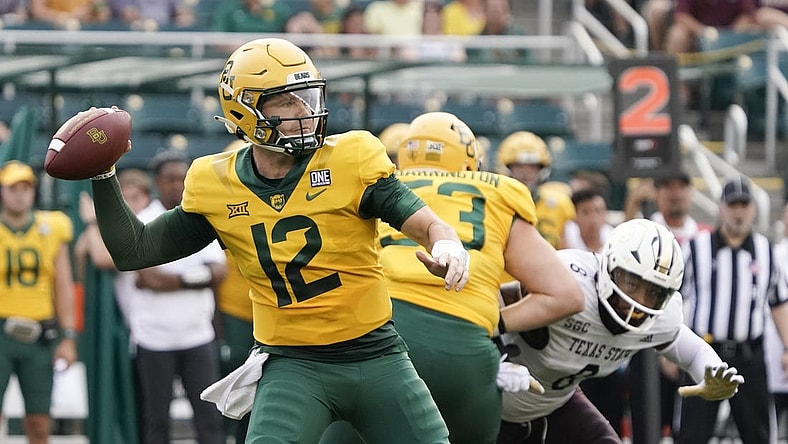 Sep 2, 2023; Waco, Texas, USA; Baylor Bears quarterback Blake Shapen (12) throws downfield against the Texas State Bobcats during the first half at McLane Stadium. Mandatory Credit: Raymond Carlin III-USA TODAY Sports