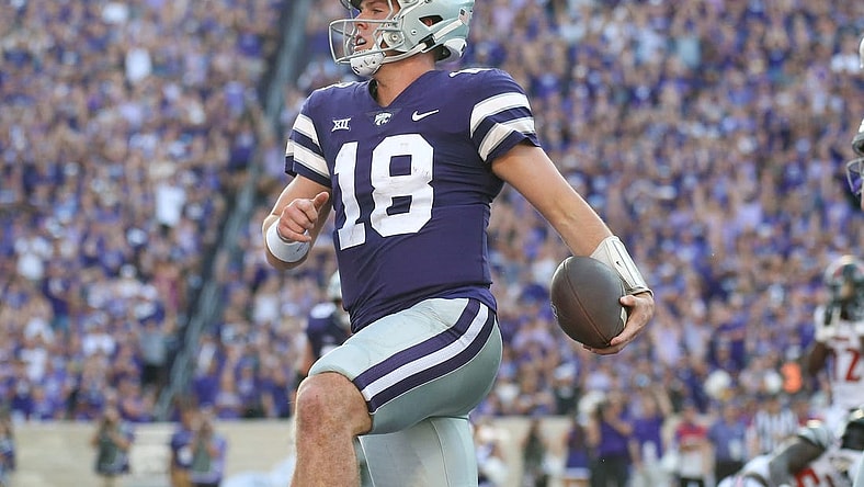 Sep 2, 2023; Manhattan, Kansas, USA; Kansas State Wildcats quarterback Will Howard (18) crosses the goal line for a touchdown during the second quarter against the Southeast Missouri State Redhawks at Bill Snyder Family Football Stadium. Mandatory Credit: Scott Sewell-USA TODAY Sports
