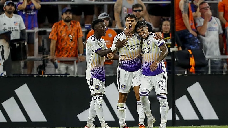 Sep 2, 2023; Cincinnati, Ohio, USA; Orlando City SC forward Facundo Torres (17) celebrates after scoring a goal with forward Ramiro Enrique (7) in the first half against FC Cincinnati at TQL Stadium. Mandatory Credit: Katie Stratman-USA TODAY Sports