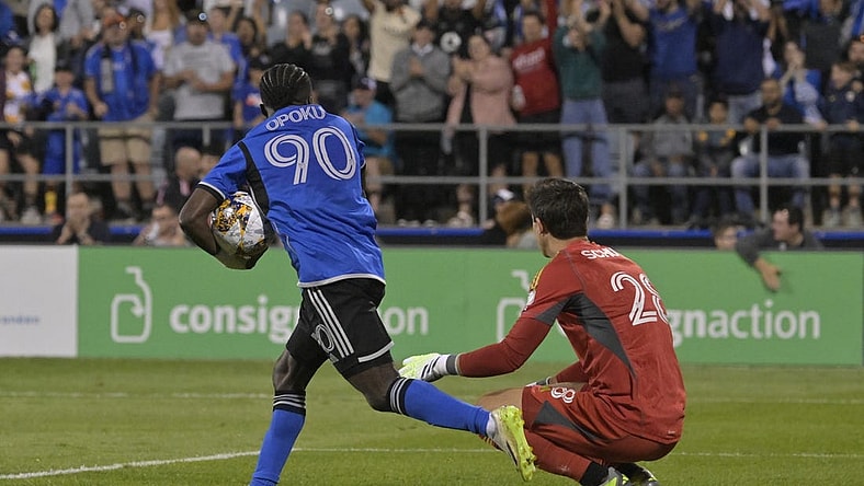 Sep 2, 2023; Montreal, Quebec, CAN; CF Montreal forward Kwadwo Opoku (90) celebrates after scoring a goal past Columbus Crew goalkeeper Patrick Schulte (28) in the second half at Stade Saputo. Mandatory Credit: Eric Bolte-USA TODAY Sports