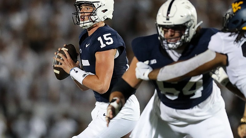 Sep 2, 2023; University Park, Pennsylvania, USA; Penn State Nittany Lions quarterback Drew Allar (15) drops back to throw against the West Virginia Mountaineers during the second quarter at Beaver Stadium. Mandatory Credit: Matthew O'Haren-USA TODAY Sports