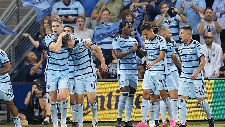 Sep 2, 2023; Kansas City, Kansas, USA; Sporting Kansas City team celebrates after scoring a goal during first half at Children's Mercy Park. Mandatory Credit: Jay Biggerstaff-USA TODAY Sports