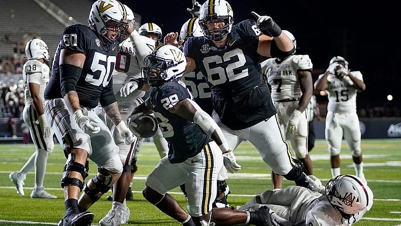 Vanderbilt running back Sedrick Alexander (28) reacts after scoring a touchdown against Alabama A&M during the fourth quarter at FirstBank Stadium in Nashville, Tenn., Saturday, Sept. 2, 2023.during the fourth quarter at FirstBank Stadium in Nashville, Tenn., Saturday, Sept. 2, 2023.