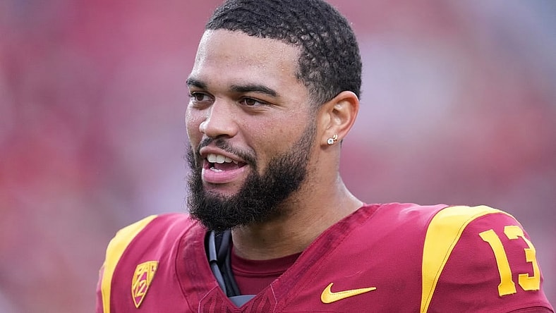 Sep 2, 2023; Los Angeles, California, USA; Southern California Trojans quarterback Caleb Williams (13) reacts against the Nevada Wolf Pack in the second half at United Airlines Field at Los Angeles Memorial Coliseum. Mandatory Credit: Kirby Lee-USA TODAY Sports