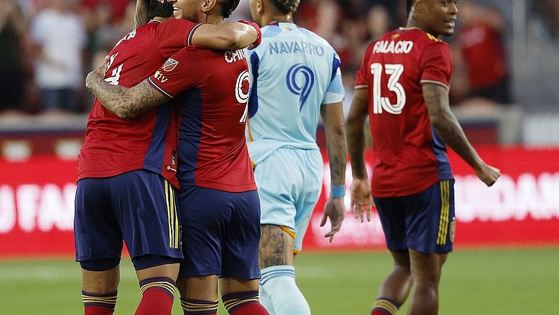 Sep 2, 2023; Sandy, Utah, USA; Real Salt Lake defender Brayan Vera (4) is congratulated by forward Chicho Arango (9) after his first half goal against the Colorado Rapids at America First Field. Mandatory Credit: Jeff Swinger-USA TODAY Sports