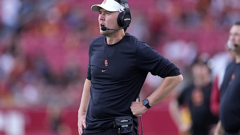 Sep 2, 2023; Los Angeles, California, USA; Southern California Trojans head coach Lincoln Riley reacts against the Nevada Wolf Pack  in the second half at United Airlines Field at Los Angeles Memorial Coliseum. Mandatory Credit: Kirby Lee-USA TODAY Sports