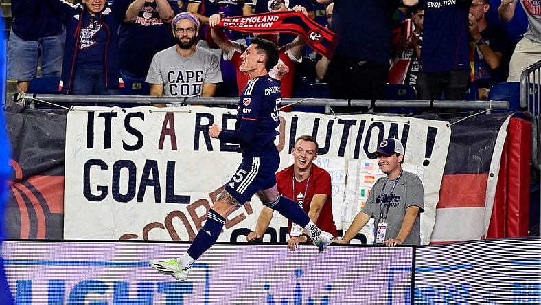 Sep 2, 2023; Foxborough, Massachusetts, USA; New England Revolution attacker Tomas Chancalay (5) leaps in the air after scoring a goal against the Austin FC during the first half at Gillette Stadium. Mandatory Credit: Eric Canha-USA TODAY Sports