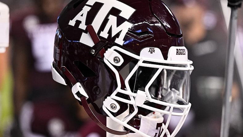 Sep 2, 2023; College Station, Texas, USA; A detailed view of a Texas A&M Aggies helmet on the sideline during the game against the New Mexico Lobos at Kyle Field. Mandatory Credit: Maria Lysaker-USA TODAY Sports