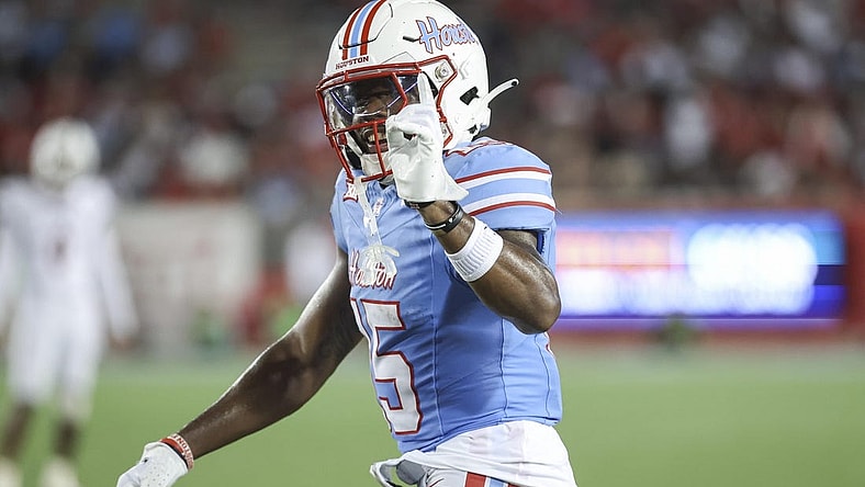 Sep 2, 2023; Houston, Texas, USA; Houston Cougars defensive back Malik Fleming (15) reacts after a play during the fourth quarter against the UTSA Roadrunners at TDECU Stadium. Mandatory Credit: Troy Taormina-USA TODAY Sports