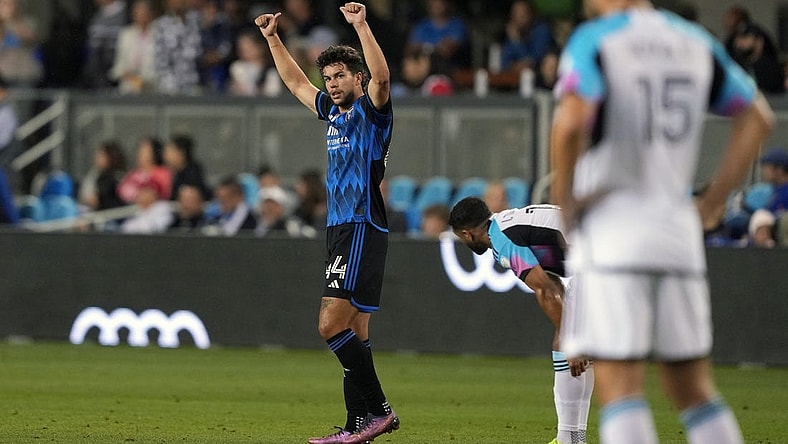 Sep 2, 2023; San Jose, California, USA; San Jose Earthquakes forward Cade Cowell (44) gestures after scoring a goal against the Minnesota United during the first half at PayPal Park. Mandatory Credit: Darren Yamashita-USA TODAY Sports