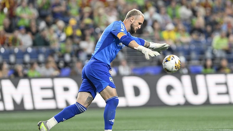 Sep 2, 2023; Seattle, Washington, USA; Seattle Sounders goalkeeper Stefan Frei (24) kicks the ball during second half at Lumen Field. Mandatory Credit: Steven Bisig-USA TODAY Sports