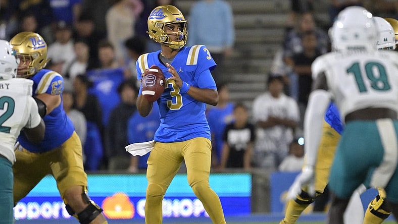 Sep 2, 2023; Pasadena, California, USA;  UCLA Bruins quarterback Dante Moore (3) throws a pass in the second half against the Coastal Carolina Chanticleers at Rose Bowl. Mandatory Credit: Jayne Kamin-Oncea-USA TODAY Sports