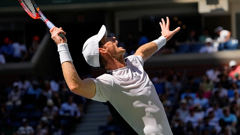 Aug 31, 2023; Flushing, NY, USA; Andy Murray hits to Grigor Dimitrov on day four of the 2023 U.S. Open tennis tournament at USTA Billie Jean King National Tennis Center. Mandatory Credit: Robert Deutsch-USA TODAY Sports